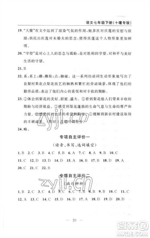 长江少年儿童出版社2023智慧课堂自主评价七年级语文下册人教版十堰专版参考答案