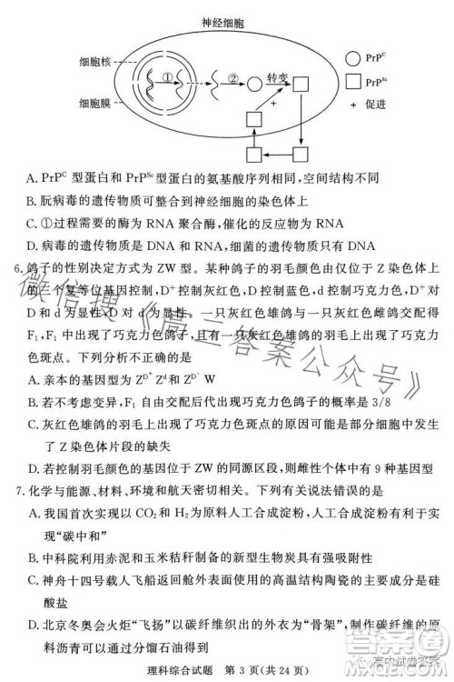 湘豫名校联考2023年5月高三第三次模拟考试理科综合试卷答案