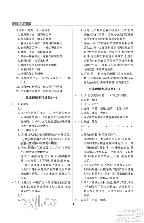 北京教育出版社2023提分教练优学导练测六年级下册语文人教版东莞专版参考答案