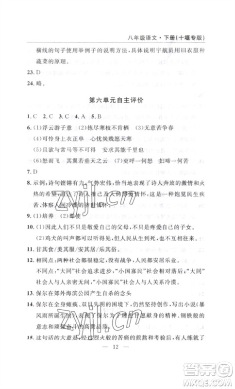 长江少年儿童出版社2023智慧课堂自主评价八年级语文下册人教版十堰专版参考答案