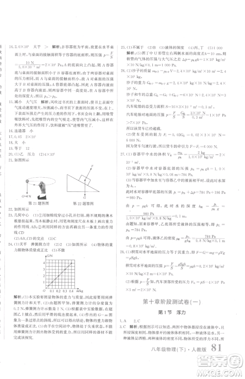 北京教育出版社2023提分教练优学导练测八年级下册物理人教版参考答案