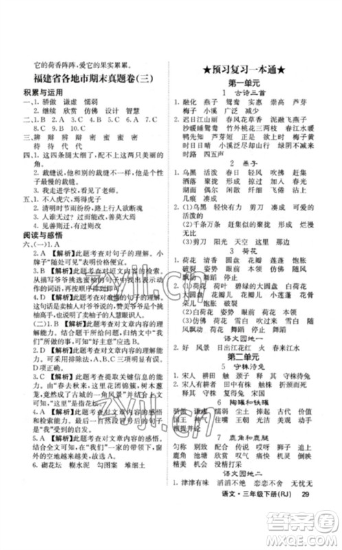 沈阳出版社2023课堂点睛三年级语文下册人教版福建专版参考答案 沈阳出版社2023课堂点睛三年级语文下册人教版福建专版参考答案