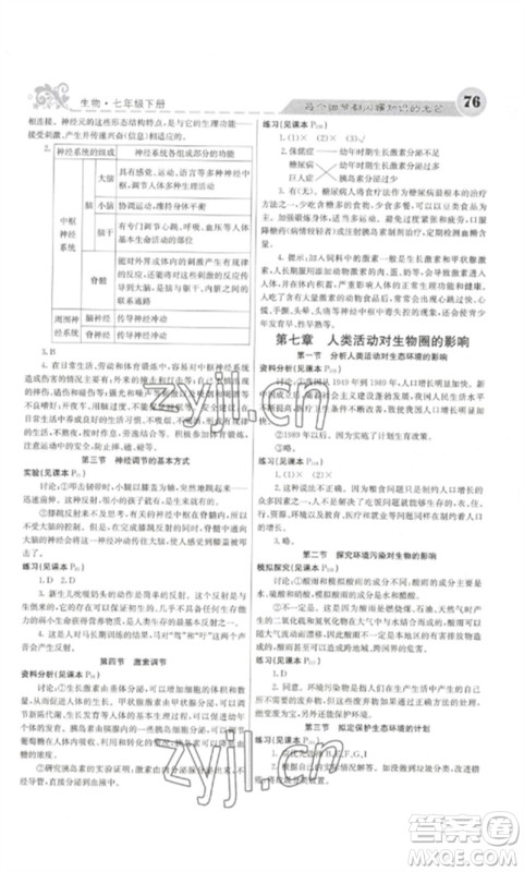 四川大学出版社2023课堂点睛七年级生物下册人教版参考答案