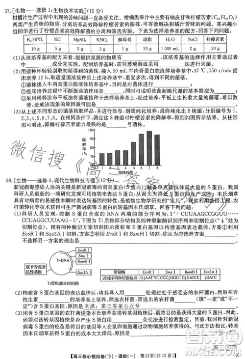 九师联盟2022-2023学年高三核心模拟卷下理科综合一答案