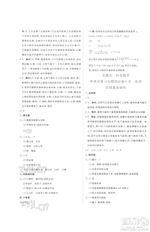北京教育出版社2023提分教练优学导练测九年级下册化学人教版参考答案