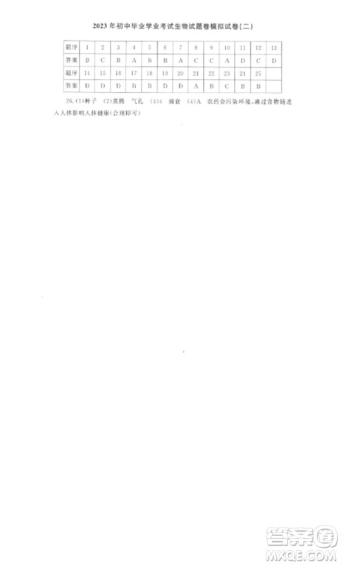 海南出版社2023中考先锋中考总复习九年级生物通用版参考答案