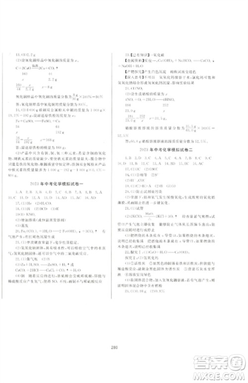 延边大学出版社2023中考先锋中考总复习九年级化学通用版参考答案