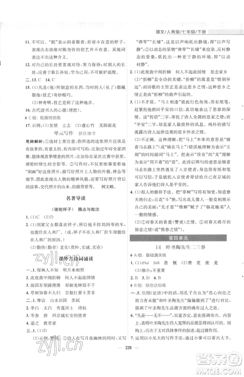 安徽教育出版社2023新编基础训练七年级下册语文人教版参考答案