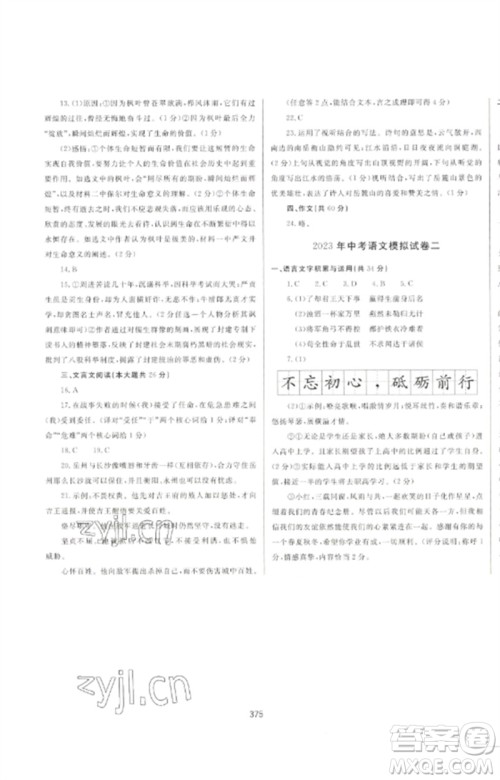 延边大学出版社2023中考先锋中考总复习九年级语文通用版参考答案 延边大学出版社2023中考先锋中考总复习九年级语文通用版参考答案