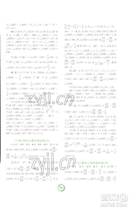广西师范大学出版社2023中考先锋中考总复习配套测试卷九年级数学A版人教版参考答案 广西师范大学出版社2023中考先锋中考总复习配套测试卷九年级数学A版人教版参考答案