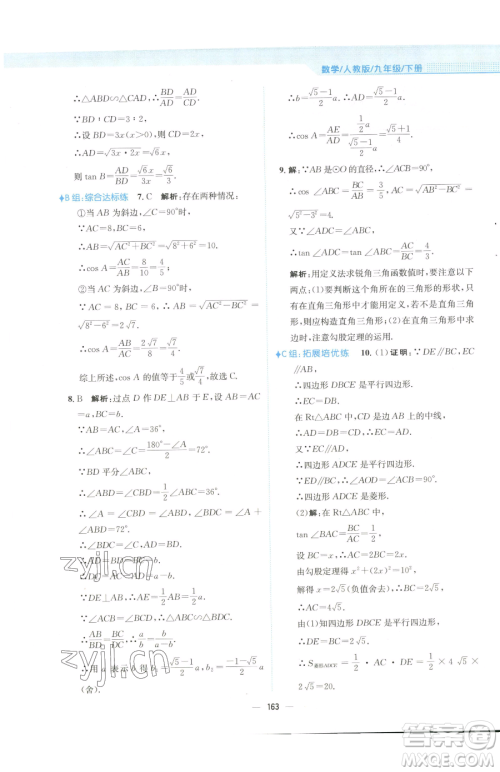 安徽教育出版社2023新编基础训练九年级下册数学人教版参考答案