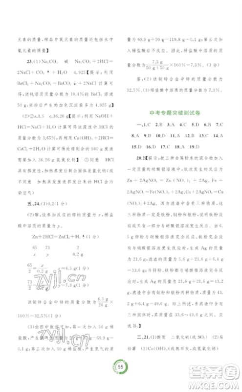 广西师范大学出版社2023中考先锋中考总复习配套测试卷九年级化学A版人教版参考答案 广西师范大学出版社2023中考先锋中考总复习配套测试卷九年级化学A版人教版参考答案