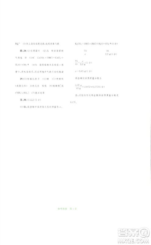 广西师范大学出版社2023中考先锋中考总复习配套测试卷九年级化学A版人教版参考答案