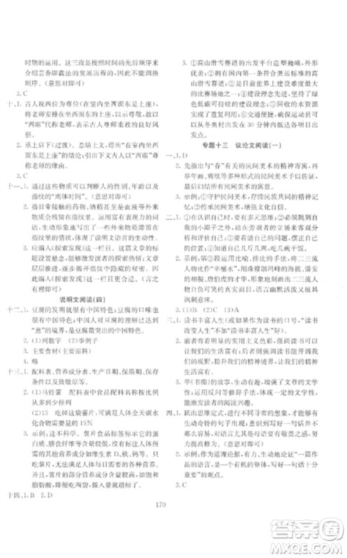 新疆文化出版社2023中考先锋初中总复习全程培优训练第一方案九年级语文通用版参考答案