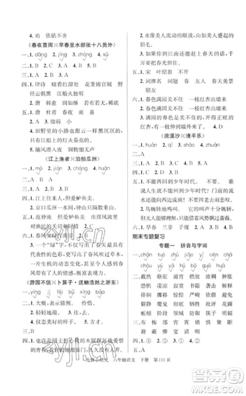 新世纪出版社2023先锋小状元六年级语文下册人教版参考答案