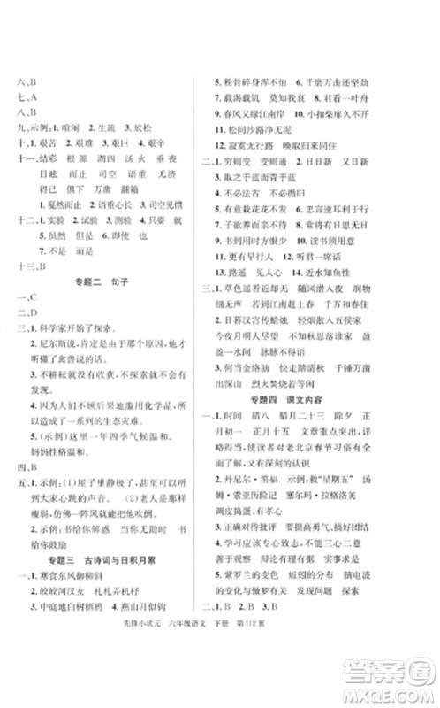 新世纪出版社2023先锋小状元六年级语文下册人教版参考答案 新世纪出版社2023先锋小状元六年级语文下册人教版参考答案
