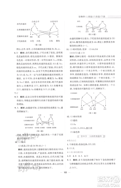 安徽教育出版社2023新编基础训练八年级下册生物人教版参考答案