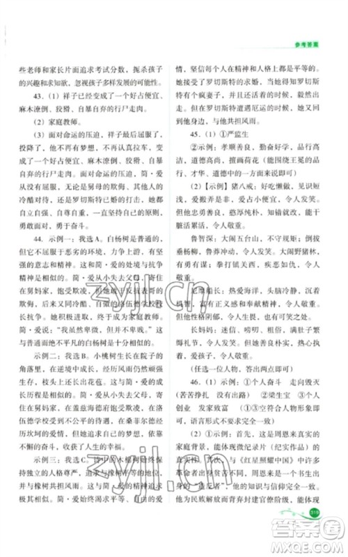 山西教育出版社2023中考复习指导与优化训练九年级语文通用版参考答案