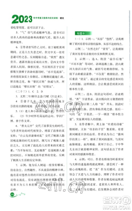 山西教育出版社2023中考复习指导与优化训练九年级语文通用版参考答案