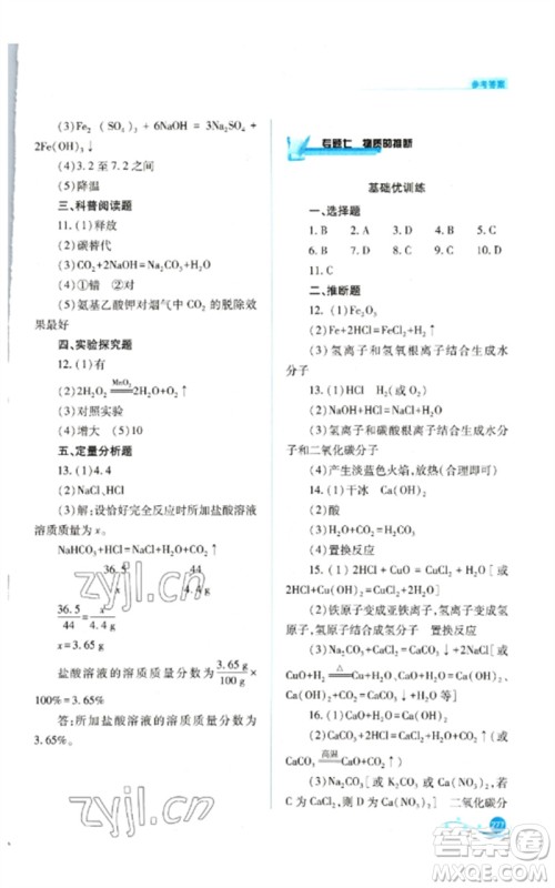 山西教育出版社2023中考复习指导与优化训练九年级化学通用版参考答案 山西教育出版社2023中考复习指导与优化训练九年级化学通用版参考答案