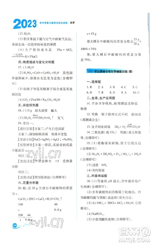 山西教育出版社2023中考复习指导与优化训练九年级化学通用版参考答案 山西教育出版社2023中考复习指导与优化训练九年级化学通用版参考答案