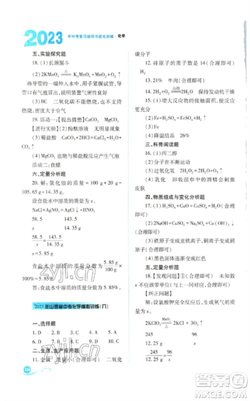 山西教育出版社2023中考复习指导与优化训练九年级化学通用版参考答案 山西教育出版社2023中考复习指导与优化训练九年级化学通用版参考答案