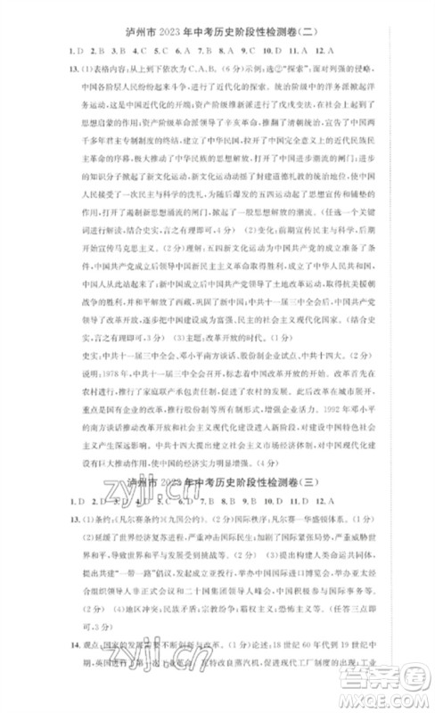 长江出版社2023中考复习总动员九年级历史通用版泸州专版参考答案