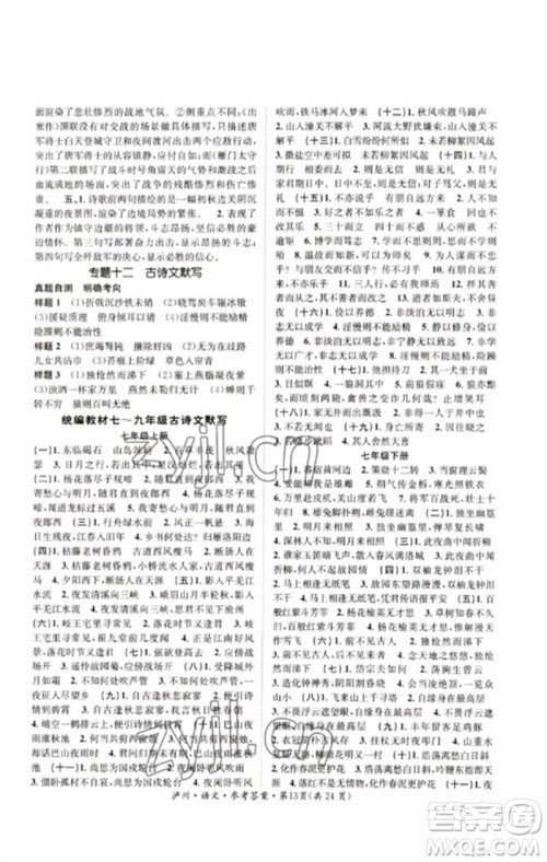 长江出版社2023中考复习总动员九年级语文通用版泸州专版参考答案