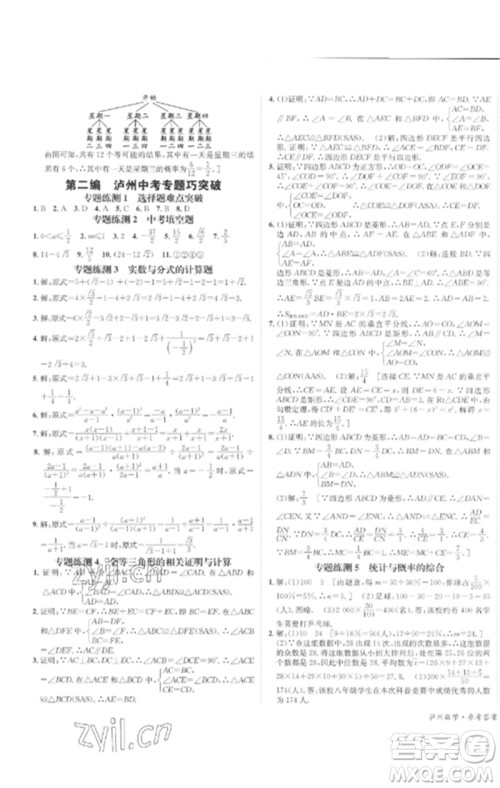 长江出版社2023中考复习总动员九年级数学通用版泸州专版参考答案