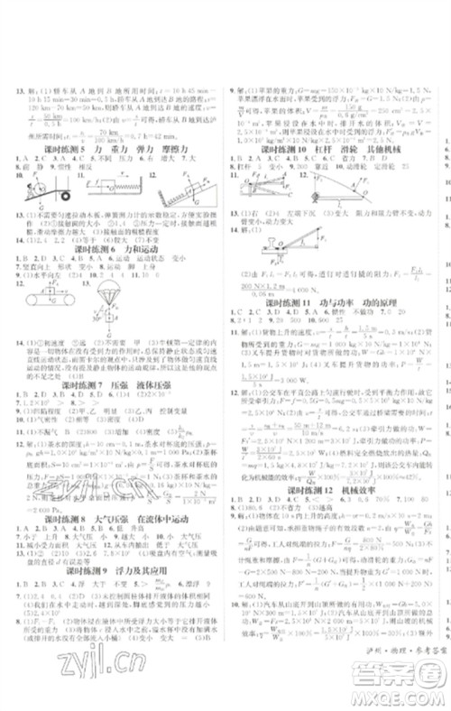 长江出版社2023中考复习总动员九年级物理通用版泸州专版参考答案