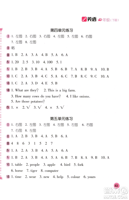 安徽少年儿童出版社2023新编基础训练四年级下册英语人教版参考答案