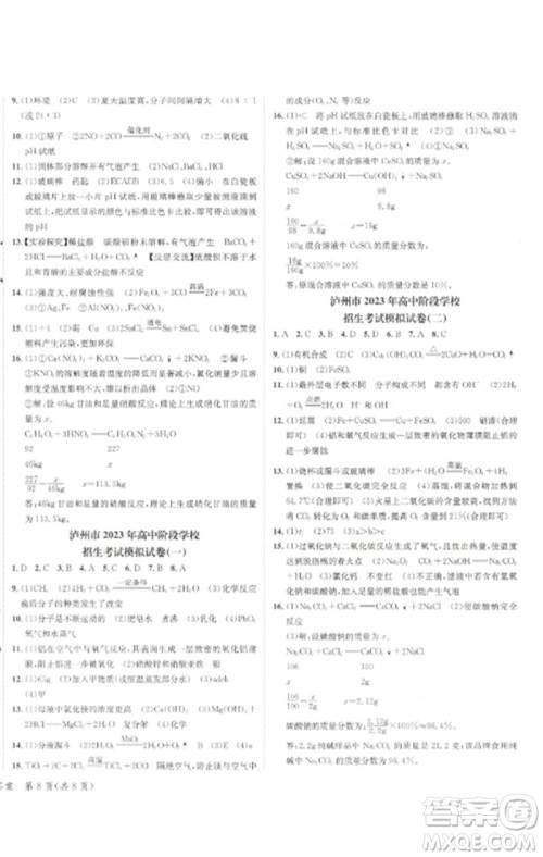 长江出版社2023中考复习总动员九年级化学通用版泸州专版参考答案 长江出版社2023中考复习总动员九年级化学通用版泸州专版参考答案