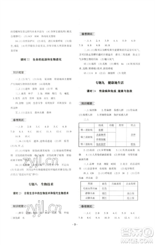 大象出版社2023中考复习精讲与测试九年级生物通用版参考答案 大象出版社2023中考复习精讲与测试九年级生物通用版参考答案