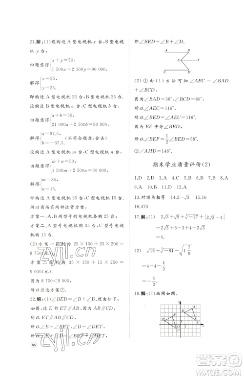 山东友谊出版社2023精练课堂分层作业七年级下册数学人教版临沂专版参考答案