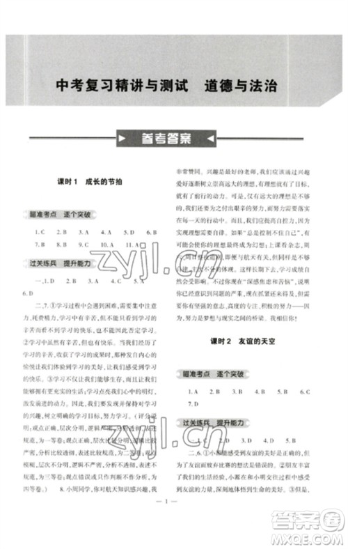 大象出版社2023中考复习精讲与测试九年级道德与法治通用版参考答案