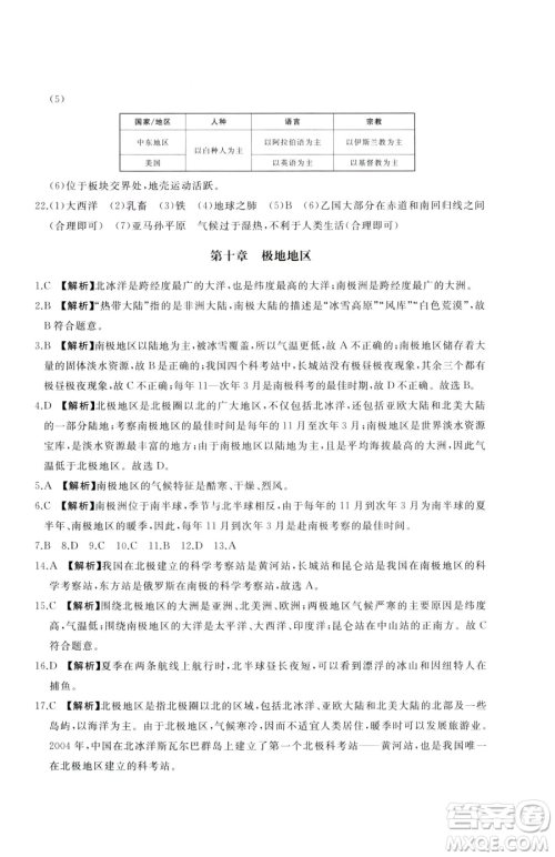 山东友谊出版社2023精练课堂分层作业七年级下册地理人教版临沂专版参考答案