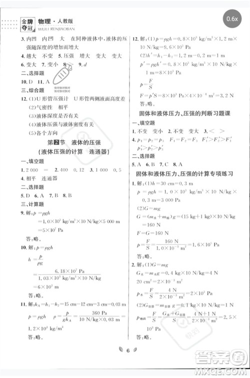 延边大学出版社2023点石成金金牌夺冠八年级物理下册人教版大连专版参考答案