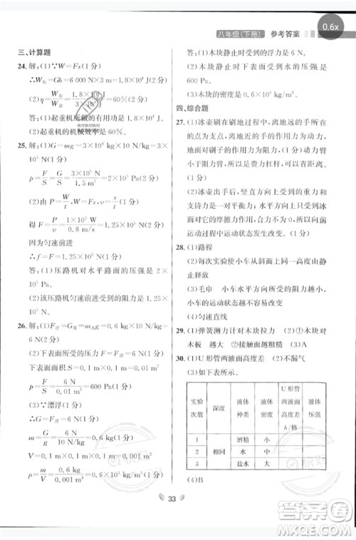 延边大学出版社2023点石成金金牌夺冠八年级物理下册人教版大连专版参考答案