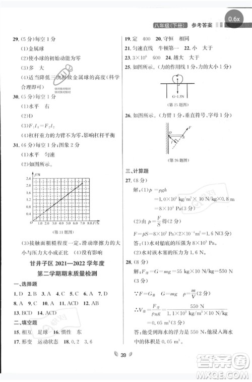 延边大学出版社2023点石成金金牌夺冠八年级物理下册人教版大连专版参考答案