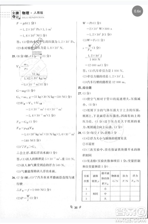 延边大学出版社2023点石成金金牌夺冠八年级物理下册人教版大连专版参考答案