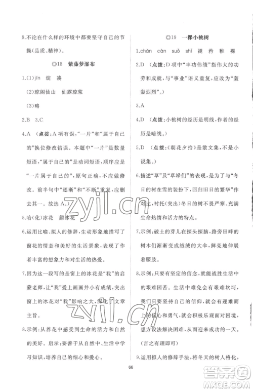 山东友谊出版社2023精练课堂分层作业七年级下册语文人教版参考答案