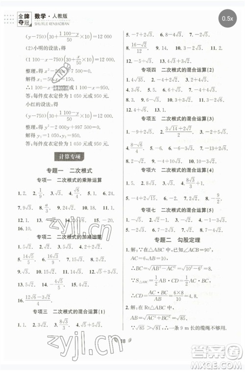 延边大学出版社2023点石成金金牌夺冠八年级数学下册人教版大连专版参考答案