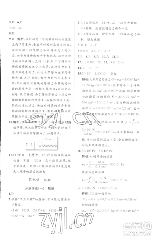 山东友谊出版社2023精练课堂分层作业八年级下册物理人教版参考答案