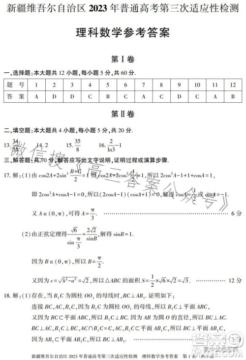 新疆维吾尔自治区2023年普通高考第三次适应性检测理科数学试卷答案