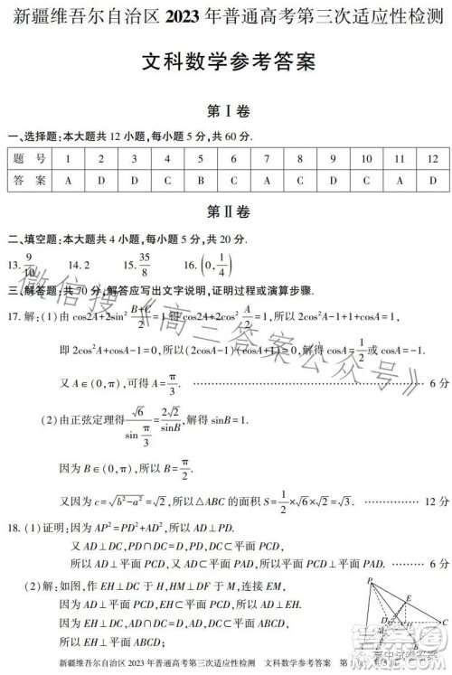 新疆维吾尔自治区2023年普通高考第三次适应性检测文科数学试卷答案