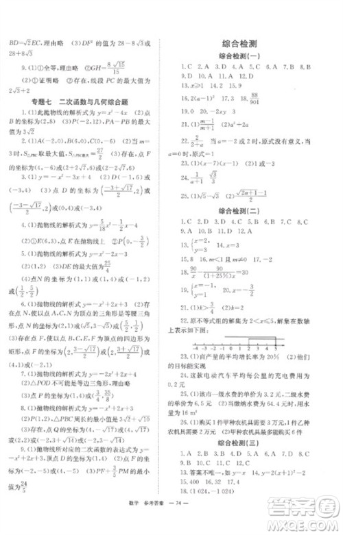 湖南师范大学出版社2023全程夺冠中考突破九年级数学通用版参考答案