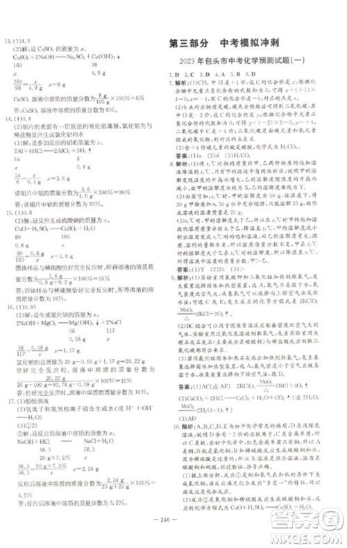 陕西人民教育出版社2023初中总复习导与练九年级化学通用版包头专版参考答案