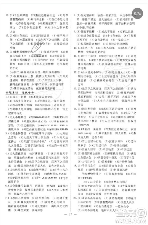 陕西人民教育出版社2023初中总复习导与练九年级语文通用版包头专版参考答案