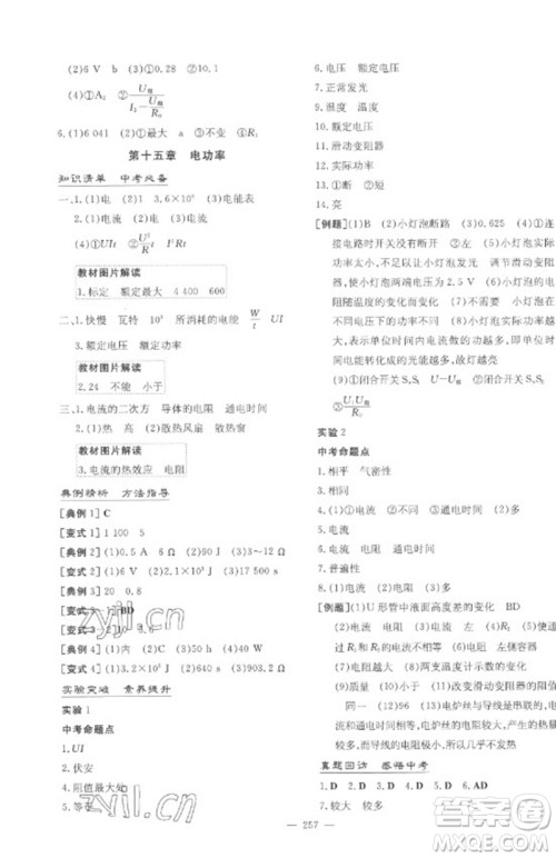 陕西人民教育出版社2023中考总复习导与练九年级物理精讲册人教版参考答案