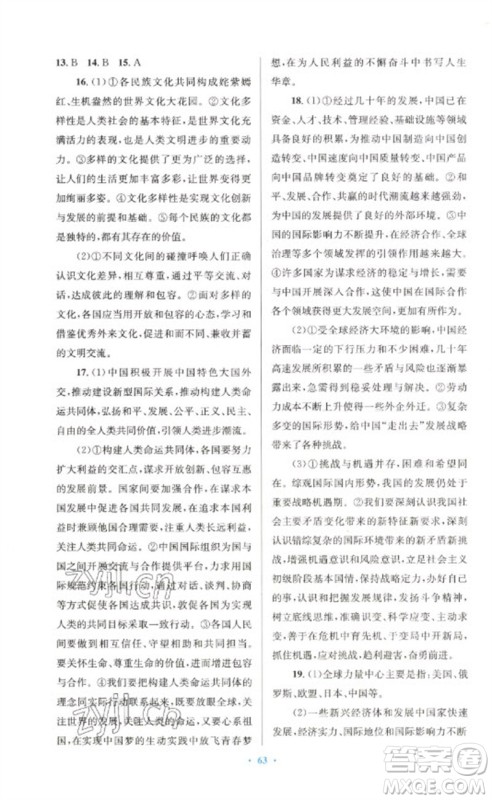 人民教育出版社2023初中总复习优化设计九年级道德与法治人教版参考答案